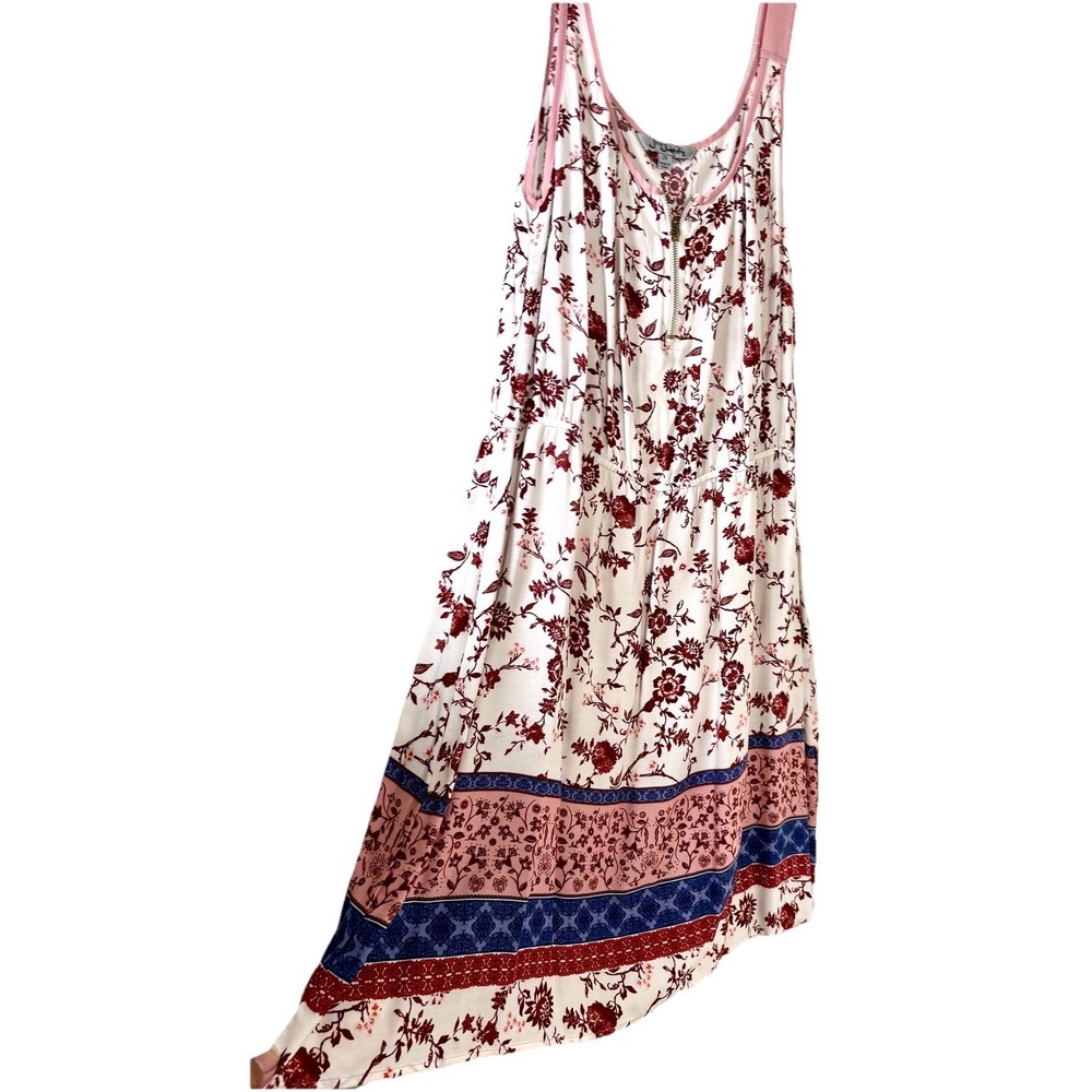 Boho Floral Mini Women SunDress Sz 2X Zipper Front Border Hem Rayon Botanical